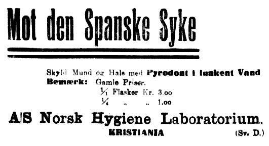 Reklame for Pyrodont mot spanskesyken 1918