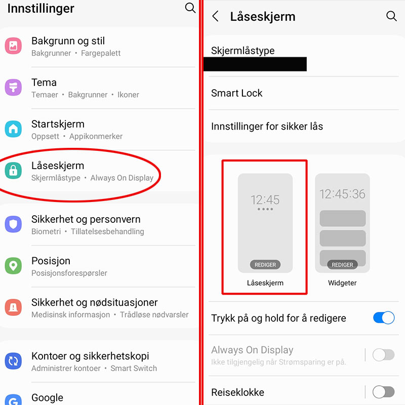 Samsung låsskjerm, kontaktinfo