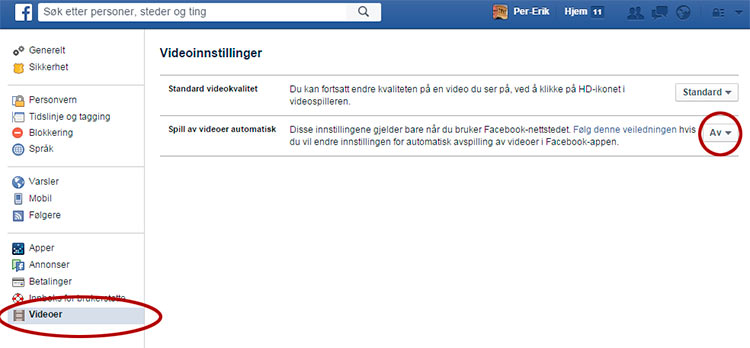 Facebook stopp automatisk avspilling av videoer