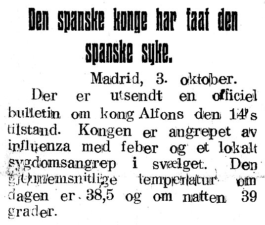 Avisnotis 5.10.1918: Kong Alfons får spanskesyken