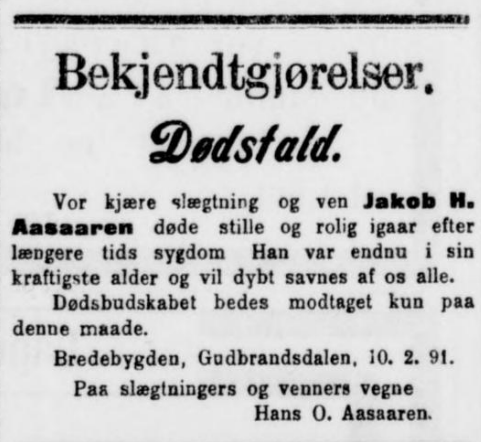 dødsannonse 1891