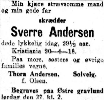dødsannonse Aftenposten 1918