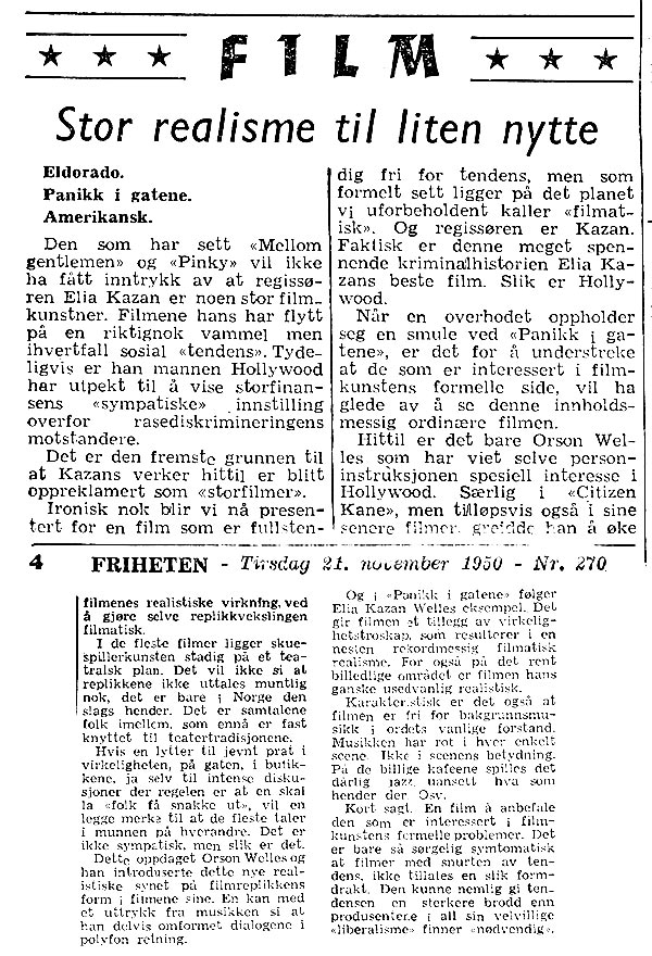 Anmeldelse av "Panic in the Streets" i Friheten 1950