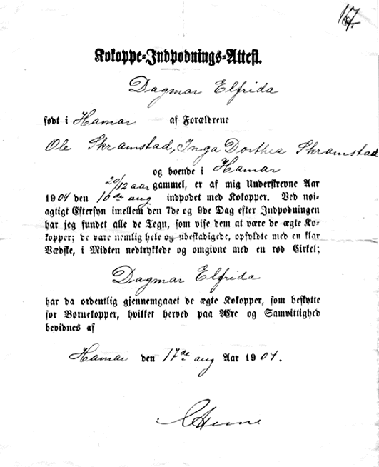 Kokoppe-Indpodnings-Attest fra 1904