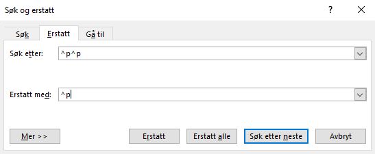 skjermbilde Word Søk erstatt avsnitt