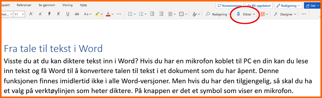 words dikteringsfunksjon